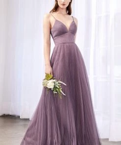 Long Pleated Tulle Dress By Cinderella Divine CD184 Prom