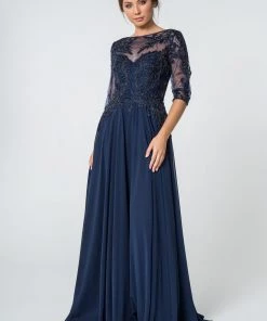 Long Applique Dress With Mid-Sleeves By Elizabeth K GL2524