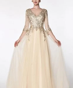 Applique Mid Sleeve Tulle Gown By Cinderella Divine OC003 11 Applique Mid Sleeve Tulle Gown By Cinderella Divine OC003