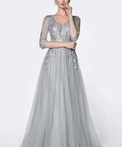 Applique Mid Sleeve Tulle Gown By Cinderella Divine OC003