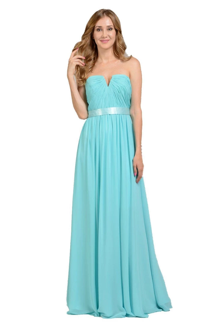 Long Aqua Strapless Chiffon Dress With V Notch By Poly USA Prom 3 Long Aqua Strapless Chiffon Dress With V Notch By Poly USA Prom