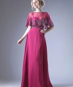 Embroidered Long Cape Dress By Cinderella Divine 13046