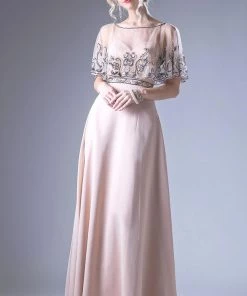 Embroidered Long Cape Dress By Cinderella Divine 13046
