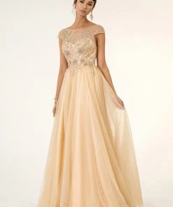 Long Beaded Cap Sleeve Dress By Elizabeth K GL1954