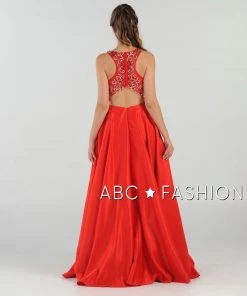 Prom Long Beaded Cutout Back Dress With Side Pockets By Poly USA 8082