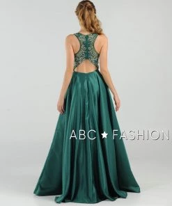 Prom Long Beaded Cutout Back Dress With Side Pockets By Poly USA 8082