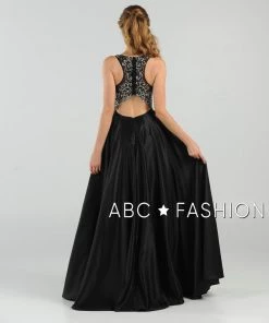 Prom Long Beaded Cutout Back Dress With Side Pockets By Poly USA 8082