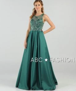 Prom Long Beaded Cutout Back Dress With Side Pockets By Poly USA 8082