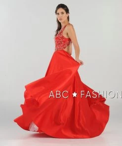 Prom Long Beaded Cutout Back Dress With Side Pockets By Poly USA 8082