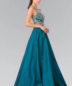 Long Beaded Gown With Sheer Side Cutouts By Elizabeth K GL2253