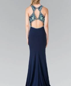 Long Beaded Halter Dress With Cutouts By Elizabeth K GL2355