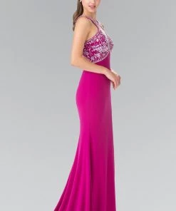 Long Beaded Halter Dress With Cutouts By Elizabeth K GL2355