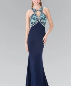 Long Beaded Halter Dress With Cutouts By Elizabeth K GL2355