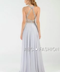 Long Beaded Halter Dress With Sheer Keyhole Bodice By Poly USA 8202