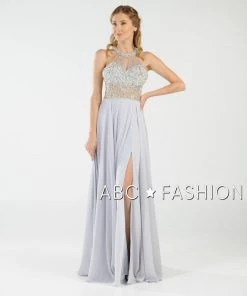 Long Beaded Halter Dress With Sheer Keyhole Bodice By Poly USA 8202