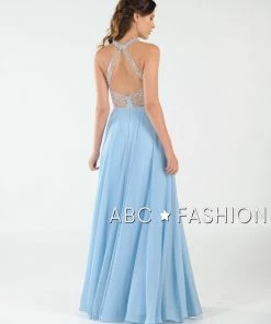 Long Beaded Halter Dress With Sheer Keyhole Bodice By Poly USA 8202