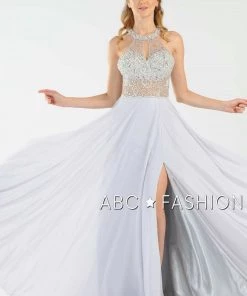 Long Beaded Halter Dress With Sheer Keyhole Bodice By Poly USA 8202