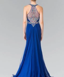 Prom Long Beaded Halter Dress With Train By Elizabeth K GL2358