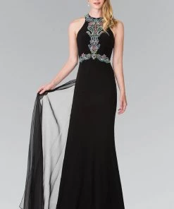 Prom Long Beaded Halter Dress With Train By Elizabeth K GL2358
