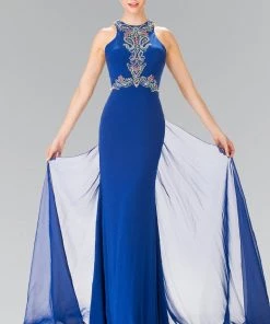Prom Long Beaded Halter Dress With Train By Elizabeth K GL2358