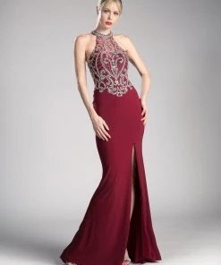 Fitted Long Illusion Dress With Slit By Cinderella Divine ML202