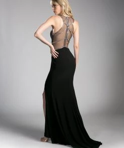 Prom Fitted Long Illusion Dress With Slit By Cinderella Divine CD0115 14 Prom Fitted Long Illusion Dress With Slit By Cinderella Divine CD0115