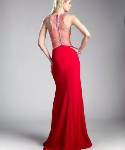 Prom Fitted Long Illusion Dress With Slit By Cinderella Divine CD0115 12 Prom Fitted Long Illusion Dress With Slit By Cinderella Divine CD0115