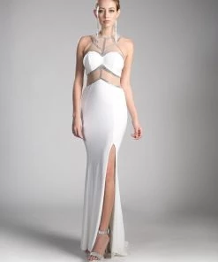 Prom Fitted Long Illusion Dress With Slit By Cinderella Divine CD0115