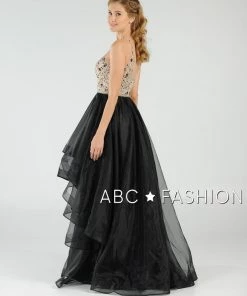 Long Beaded Illusion Dress With Tiered Skirt By Poly USA 8016