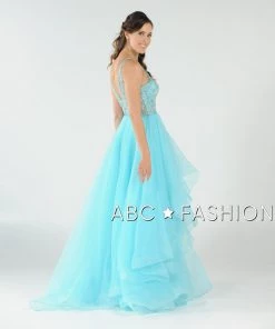 Long Beaded Illusion Dress With Tiered Skirt By Poly USA 8016