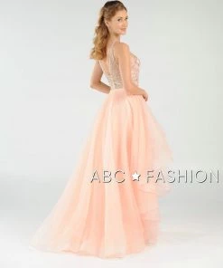 Long Beaded Illusion Dress With Tiered Skirt By Poly USA 8016