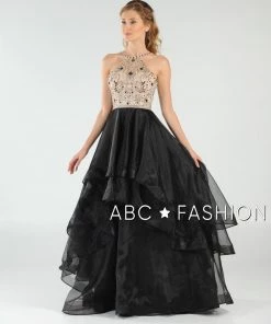 Long Beaded Illusion Dress With Tiered Skirt By Poly USA 8016