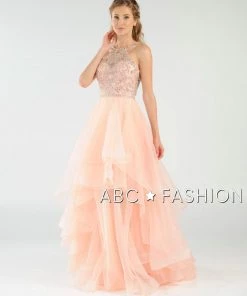 Long Beaded Illusion Dress With Tiered Skirt By Poly USA 8016