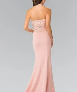 Long Beaded Jersey Halter Dress By Elizabeth K GL2285