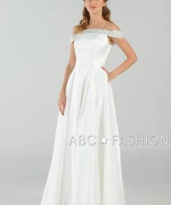 Long Beaded Off The Shoulder Dress With Pockets By Poly USA 8242 Prom