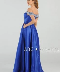 Long Beaded Off The Shoulder Dress With Pockets By Poly USA 8242 Prom