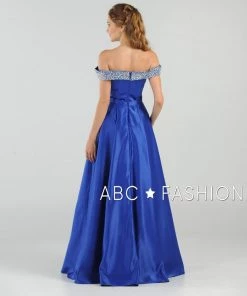 Long Beaded Off The Shoulder Dress With Pockets By Poly USA 8242 Prom