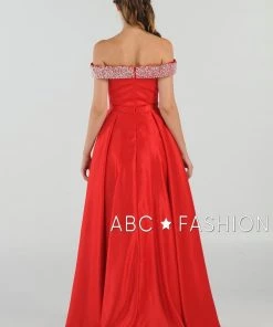 Long Beaded Off The Shoulder Dress With Pockets By Poly USA 8242 Prom