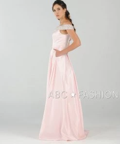 Long Beaded Off The Shoulder Dress With Pockets By Poly USA 8242 Prom