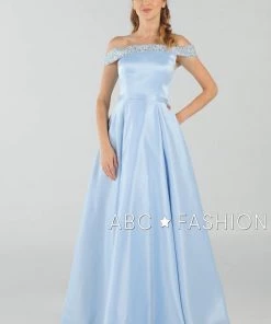 Long Beaded Off The Shoulder Dress With Pockets By Poly USA 8242 Prom