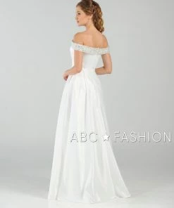 Long Beaded Off The Shoulder Dress With Pockets By Poly USA 8242 Prom