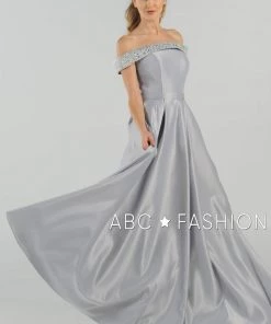 Long Beaded Off The Shoulder Dress With Pockets By Poly USA 8242 Prom