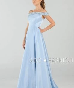 Long Beaded Off The Shoulder Dress With Pockets By Poly USA 8242 Prom