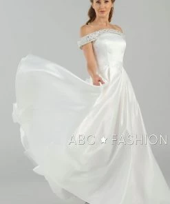 Long Beaded Off The Shoulder Dress With Pockets By Poly USA 8242 Prom