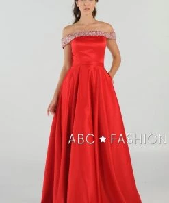 Long Beaded Off The Shoulder Dress With Pockets By Poly USA 8242 Prom