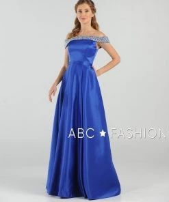 Long Beaded Off The Shoulder Dress With Pockets By Poly USA 8242 Prom