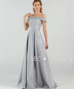 Long Beaded Off The Shoulder Dress With Pockets By Poly USA 8242 Prom