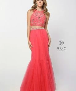 Long Beaded Sleeveless Crop Top Mermaid Dress By Nox Anabel 8156