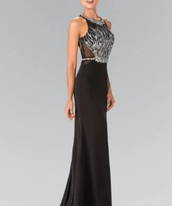 Long Beaded Sleeveless Dress With Sheer Sides By Elizabeth K GL2294 Prom