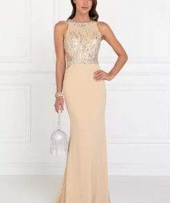 Long Beaded Sleeveless Dress With Sheer Sides By Elizabeth K GL2294 Prom
